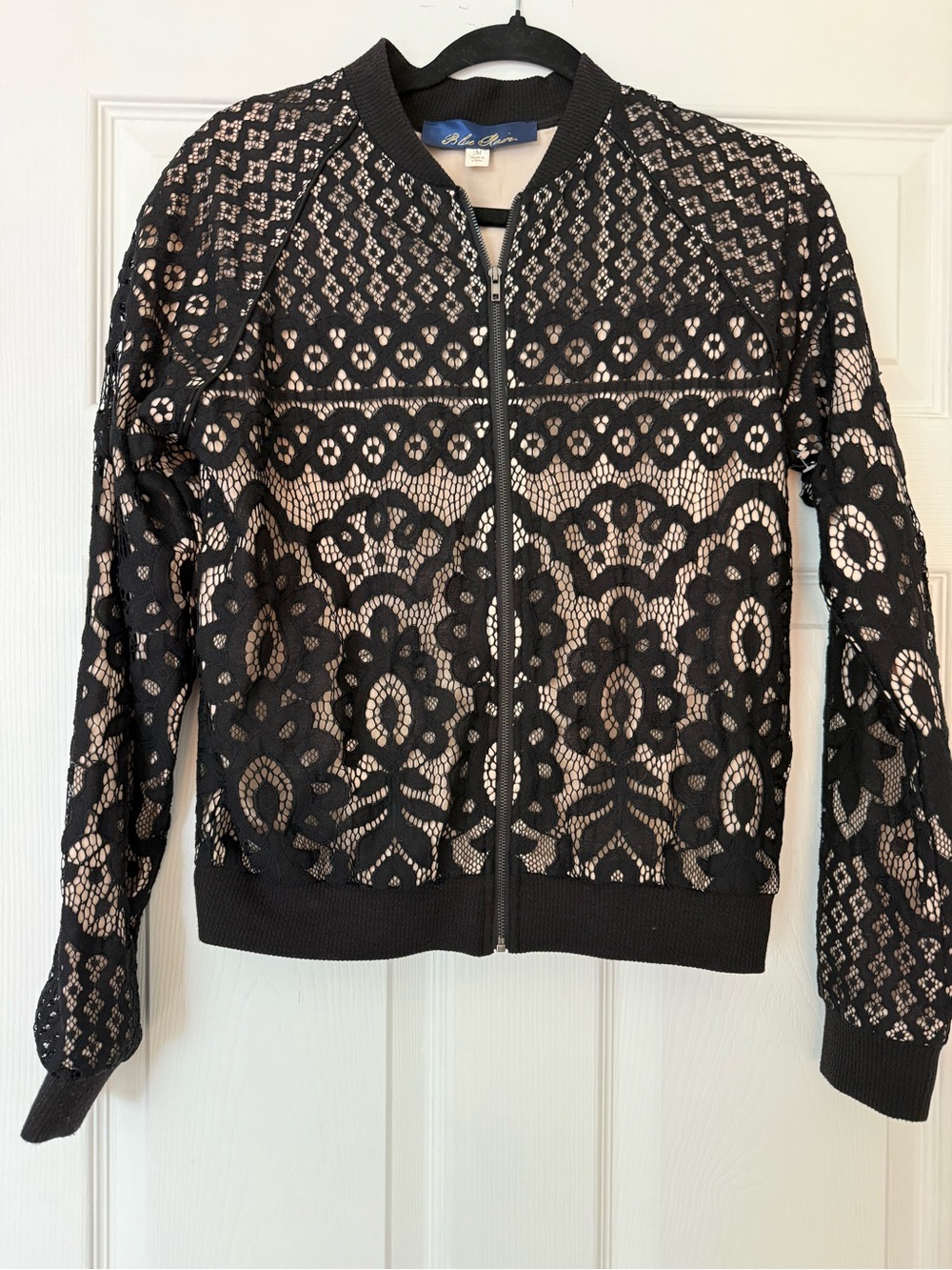 Blue Rain Black Lace Bomber Jacket with Nude Underlay Size M